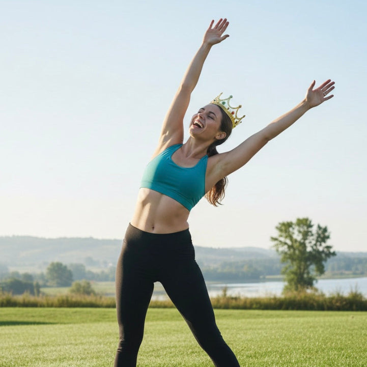 Woman practicing yoga outdoors on a grassy field with a scenic background