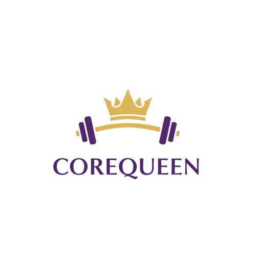 Logo of COREQUEEN with a crown and dumbbells on a white background